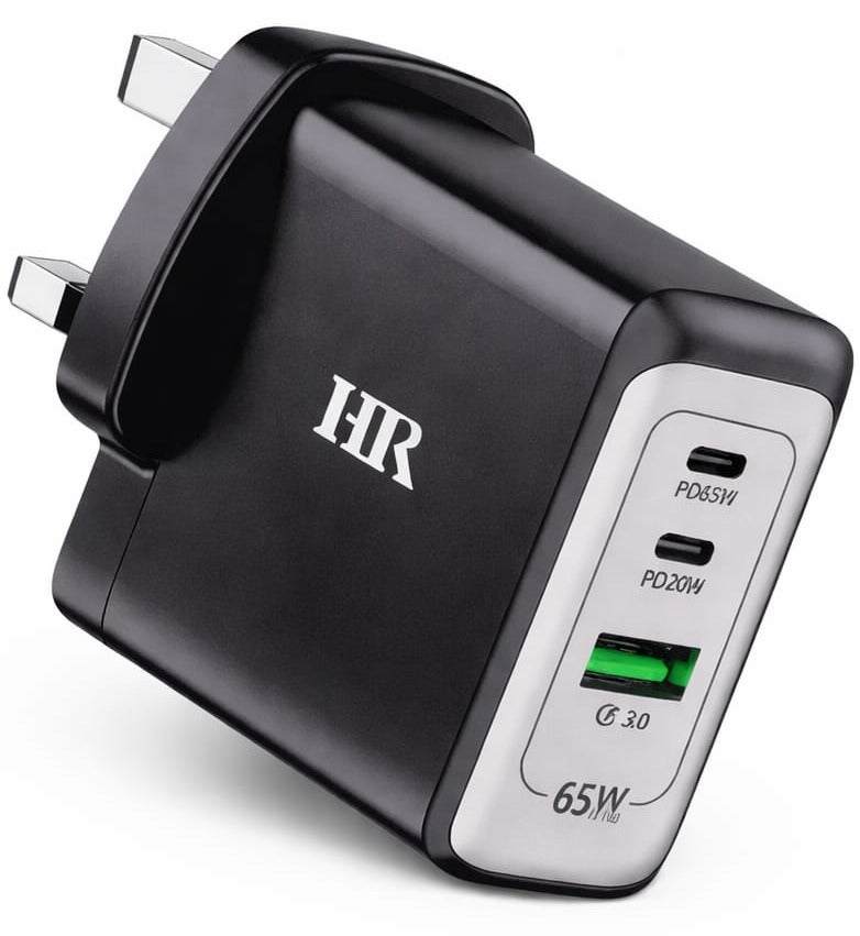 HR 65W Fast Charging Wall Adapter | 2 USB-C PD + USB-A QC3.0 | 3-Port Power Charger | UK Plug - Image 1